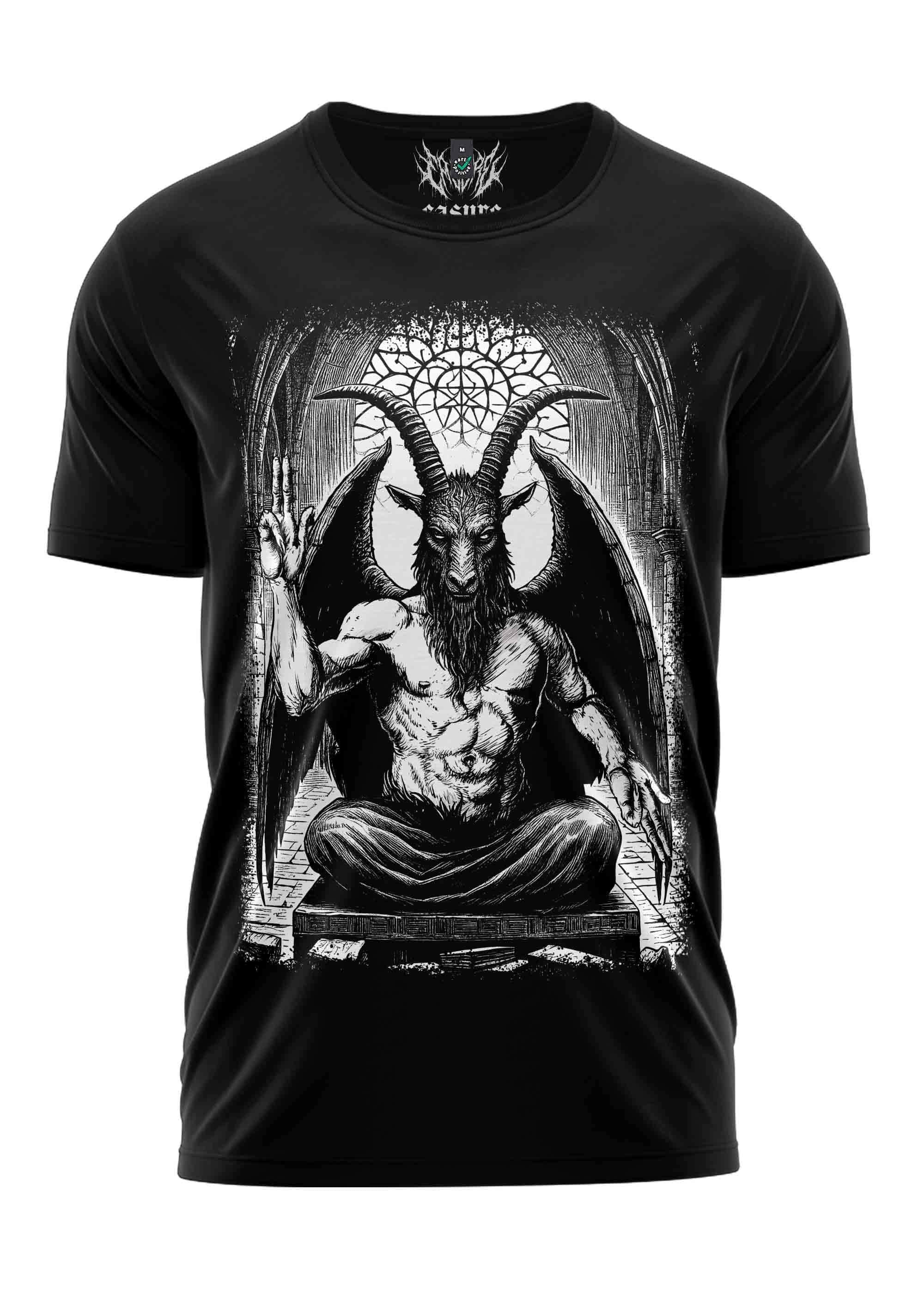 Black kurzarmshirt mit gothic baphomet grafik in einem bühnenfenster, ideal für horror fans